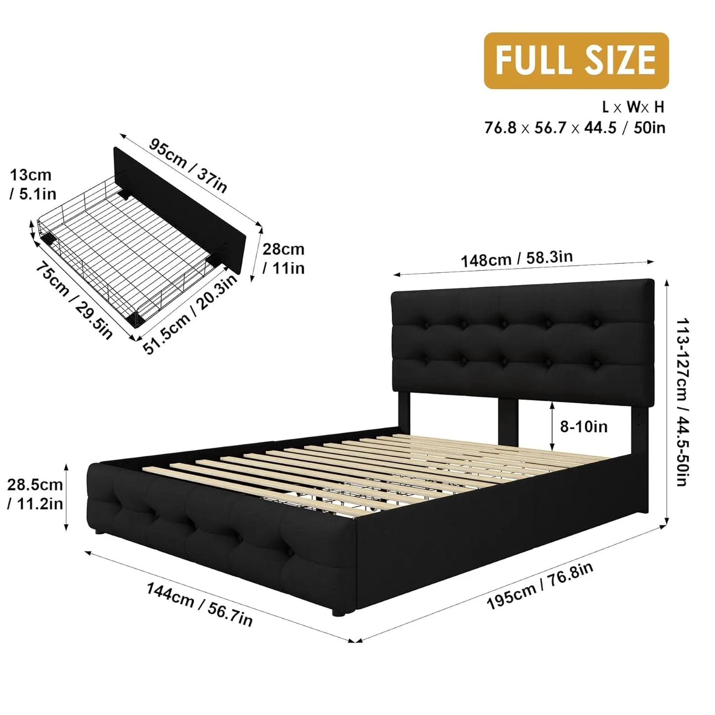 Full Size Bed Frame with 4 Storage Drawers and Adjustable Headboard