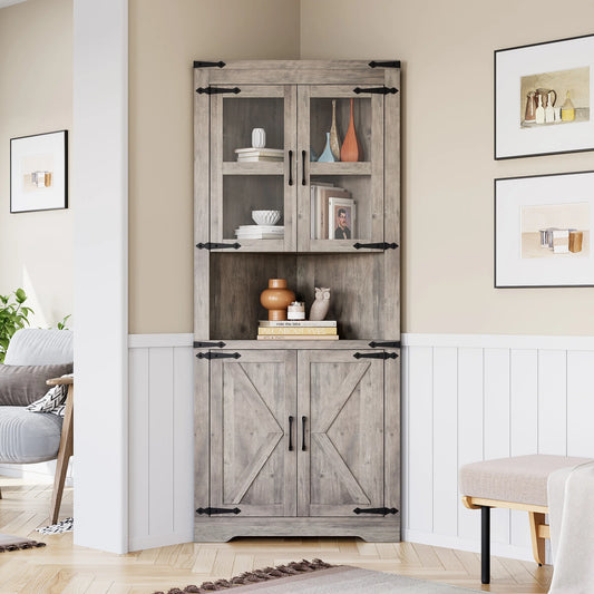 Farmhouse Tall Corner Cabinet With Barn Door And Adjustable Shelves