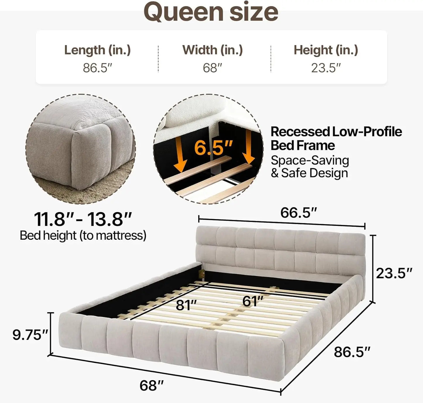 Custom Chenille Upholstered Platform Bed Frame With Cloud Soft Headboard