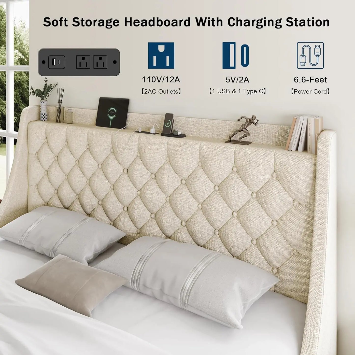 King Size Bed Frame with 4 Storage Drawers, Upholstered Wingback Headboard, Fast Charging Station