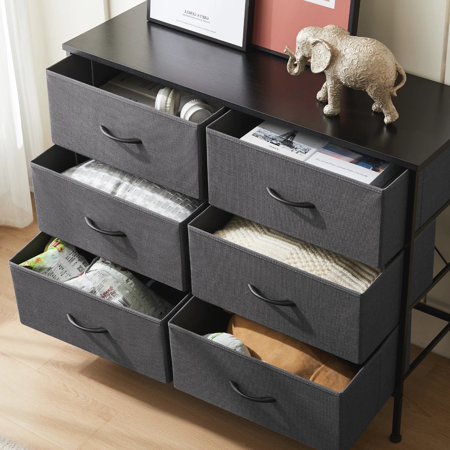 JHK Six Drawer Fabric Nightstand With Storage Cabinet Furniture