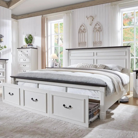 Farmhouse Platform Bed Frame With Storage Drawers