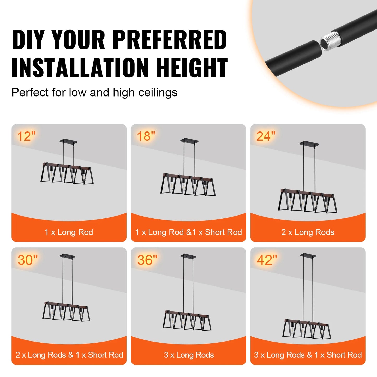 Industrial Metal Farmhouse 4 Light Kitchen Island Pendant With Rods