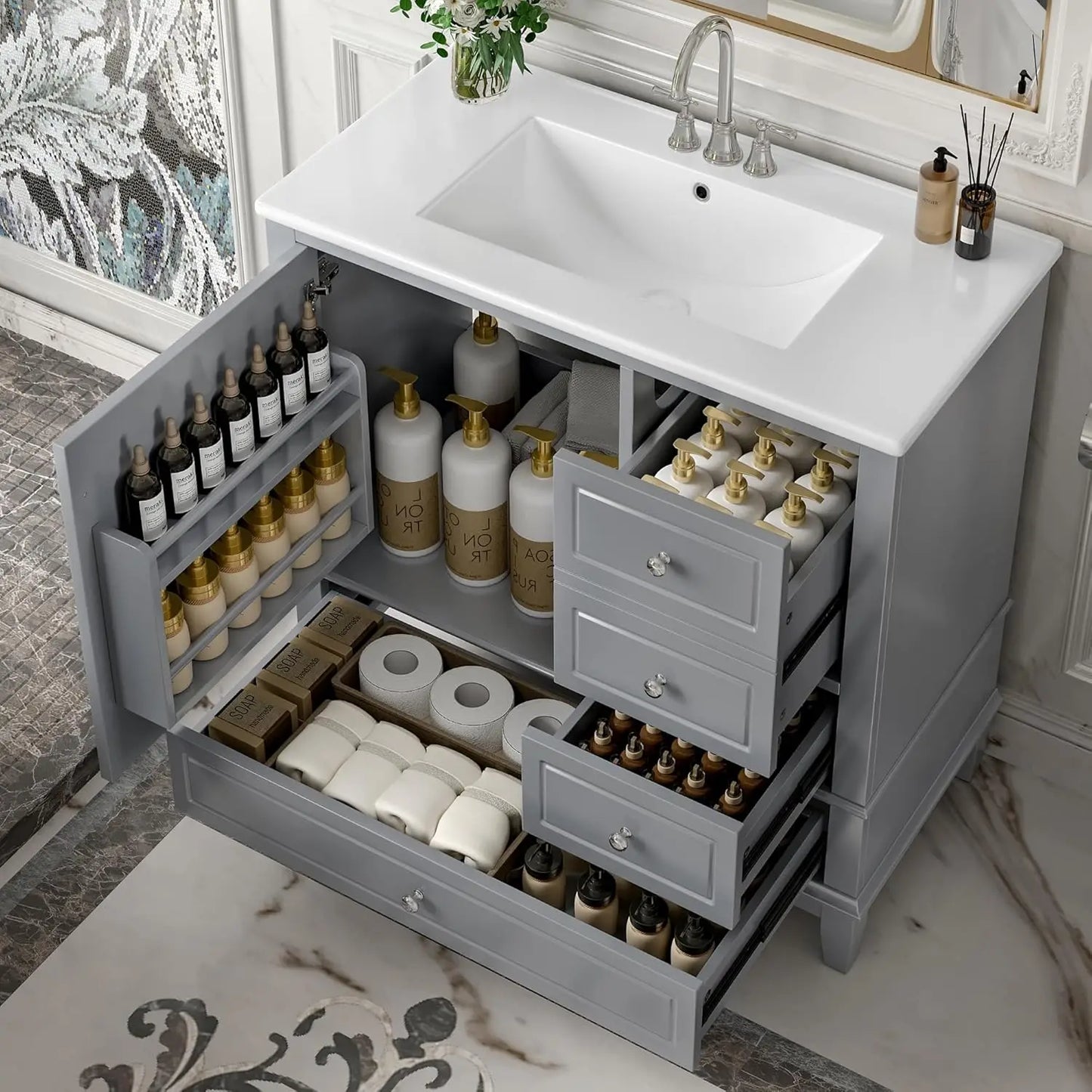 Free Standing Modern Bathroom Vanity With Sink And Tip-Out Drawer