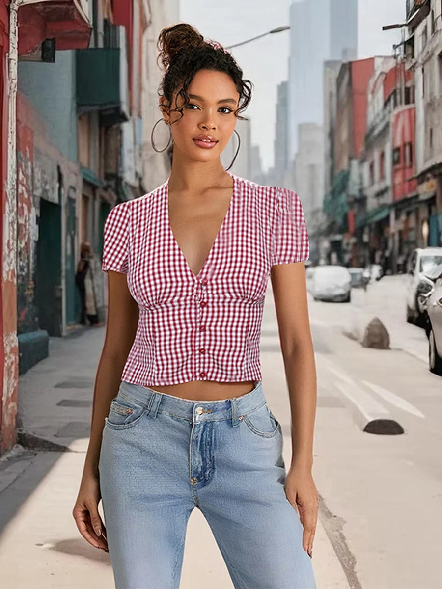 Checkered Print Blouse Crop Top