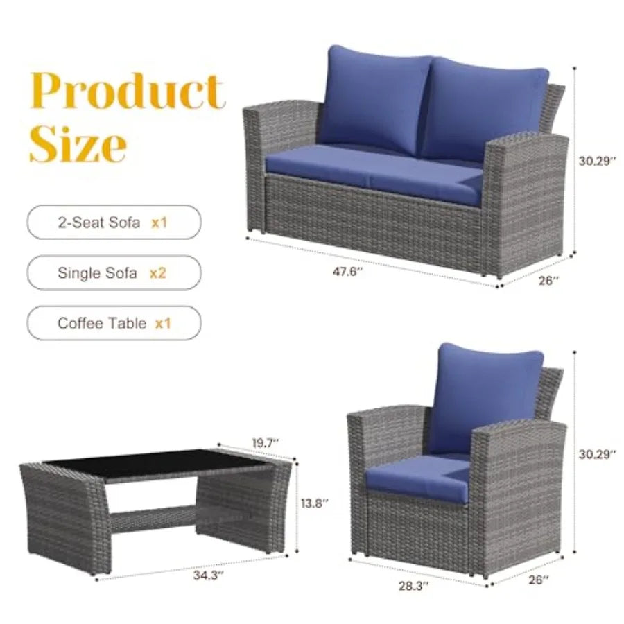 4-Piece All Weather Wicker Rattan Seating Set with Cushions