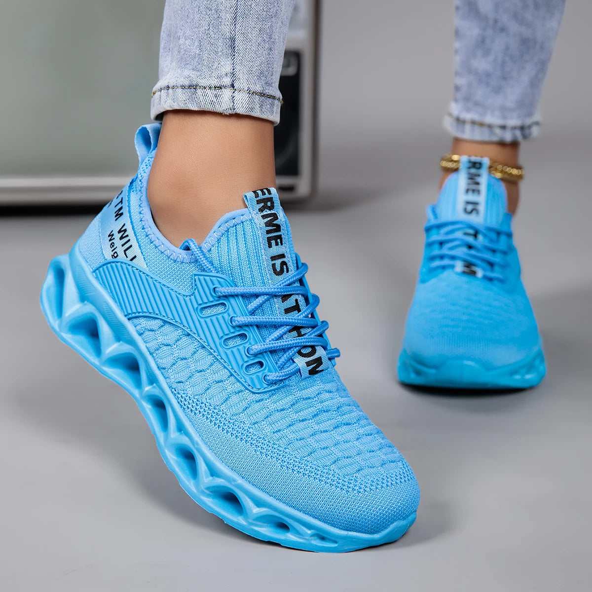 Womens Lightweight Orthopedic Lace Up Geometric Sneakers With Nylon Upper