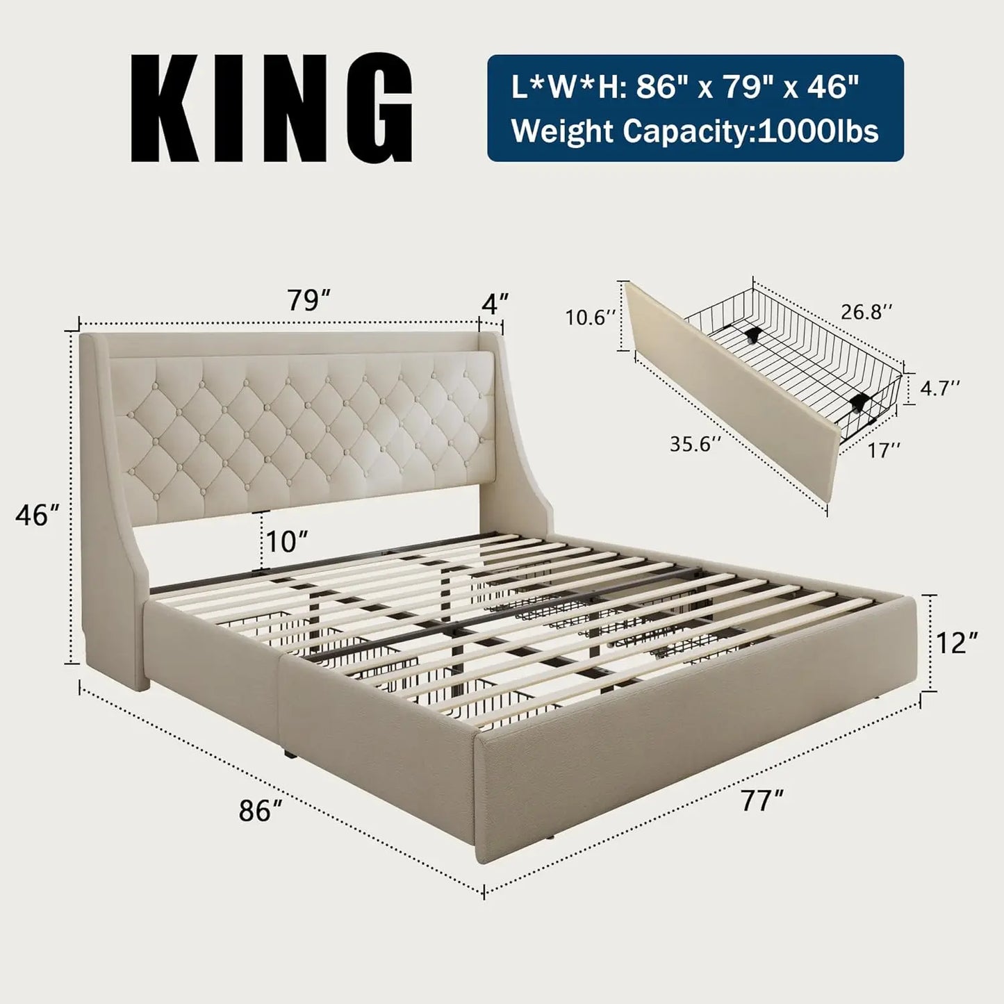 King Size Bed Frame with 4 Storage Drawers, Upholstered Wingback Headboard, Fast Charging Station