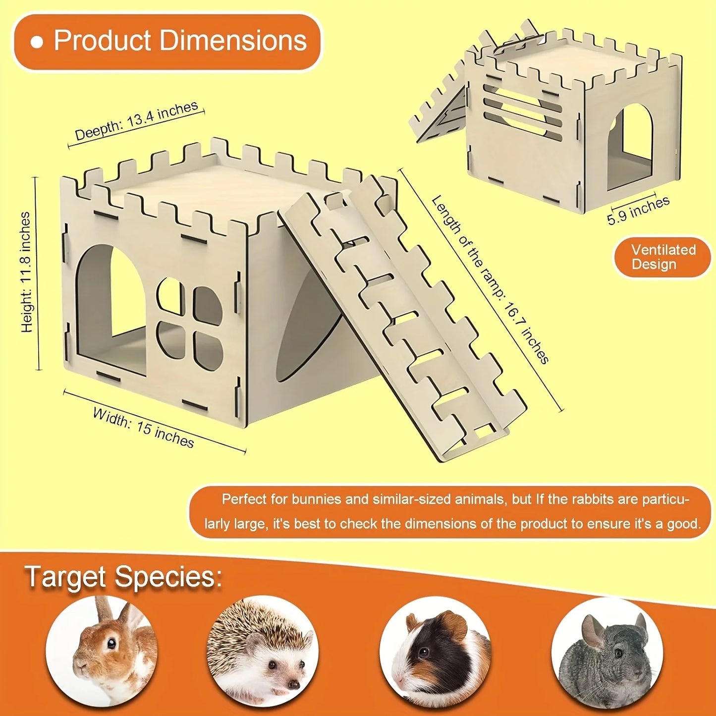 Wooden Rabbit Castle Detachable Habitat for Small Pets