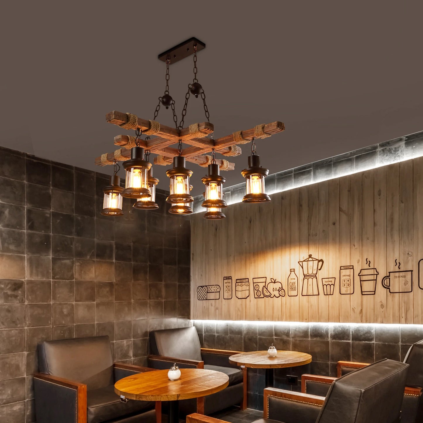 Retro Vintage Wood Ceiling Pendant Chandelier E27 Adjustable Chain