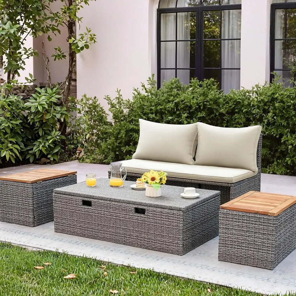 Rattan Daybed With Side Tables And Storage Ottoman