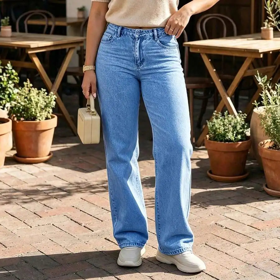 Women's Mid Rise Straight Leg Denim Jeans Loose Fit