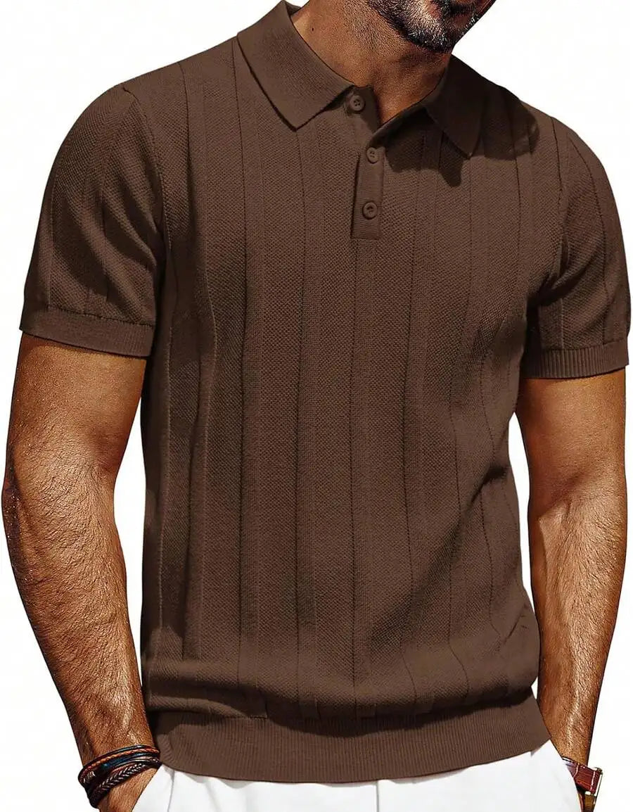 Men's Short Sleeve Textured Knit Shirt Ribbed Golf Top