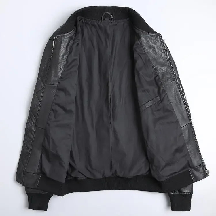 Leather Bomber Coat For Men With Zipper Front Pockets Cotton Lining