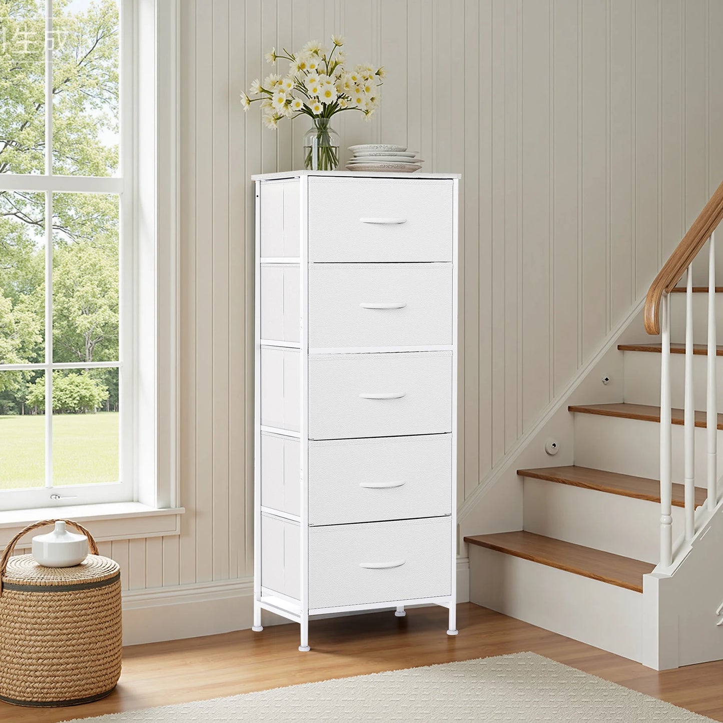 Bedroom Dresser With Five Fabric Drawers And Steel Frame