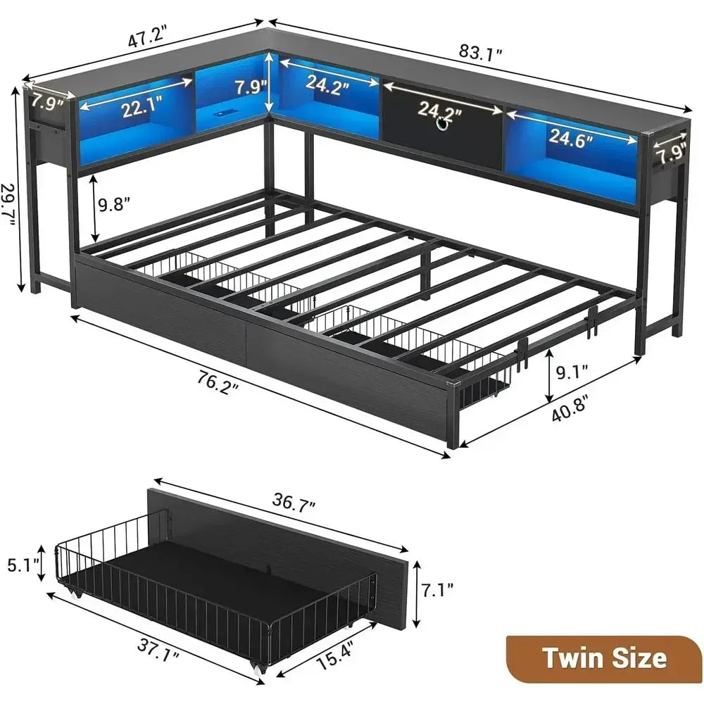 Metal Platform Bed With Storage Drawers Bookcase Charging Station LED