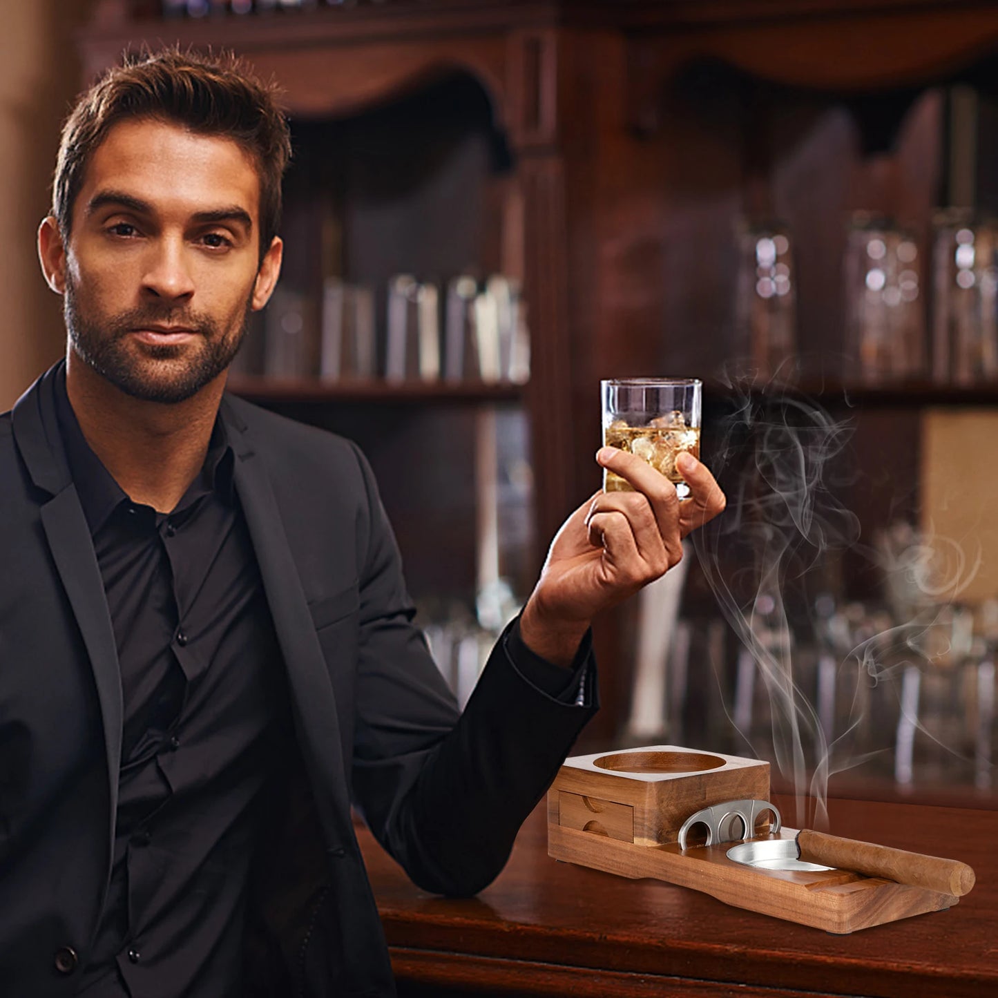 Scotte Ashtray Coaster And Wooden Tray With Drawer And Cutter