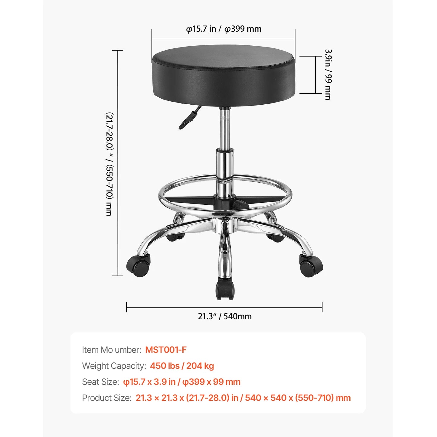 SucceBuy Round Rolling Stool Height Adjustable 450 Lbs Capacity