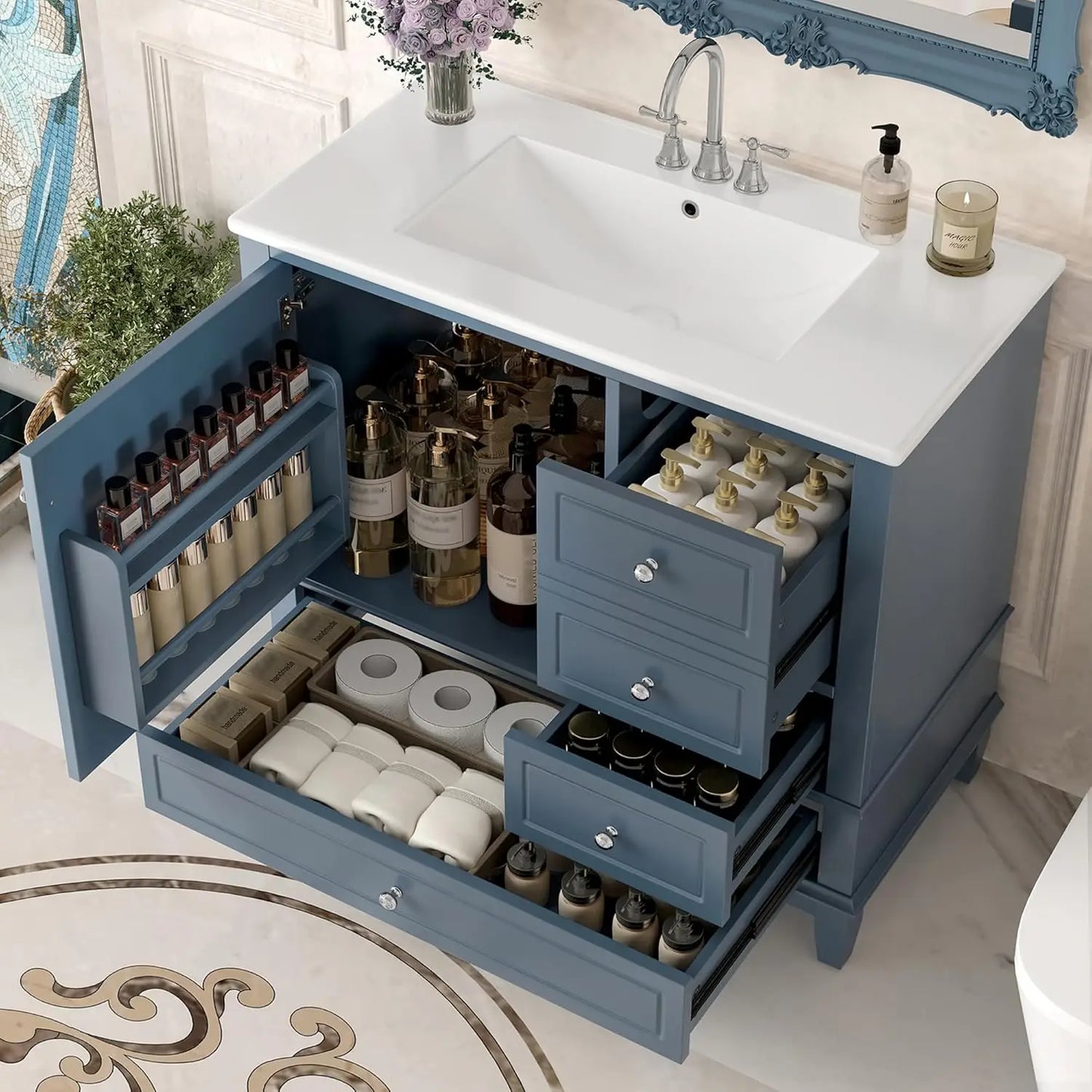 Free Standing Modern Bathroom Vanity With Sink And Tip-Out Drawer