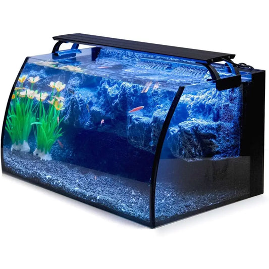 Glass Aquarium Kit With Curved View And 3D Rock Decor