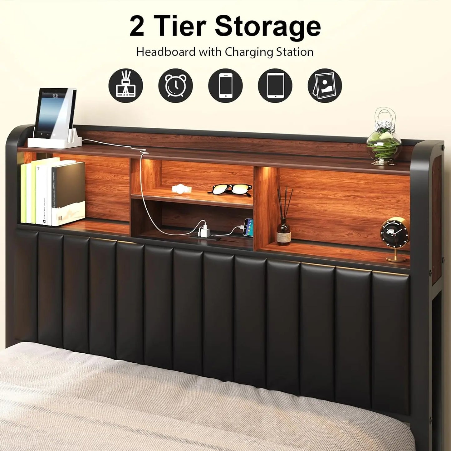 Queen Bed with 3-Tier Storage Headboard and Charging Station