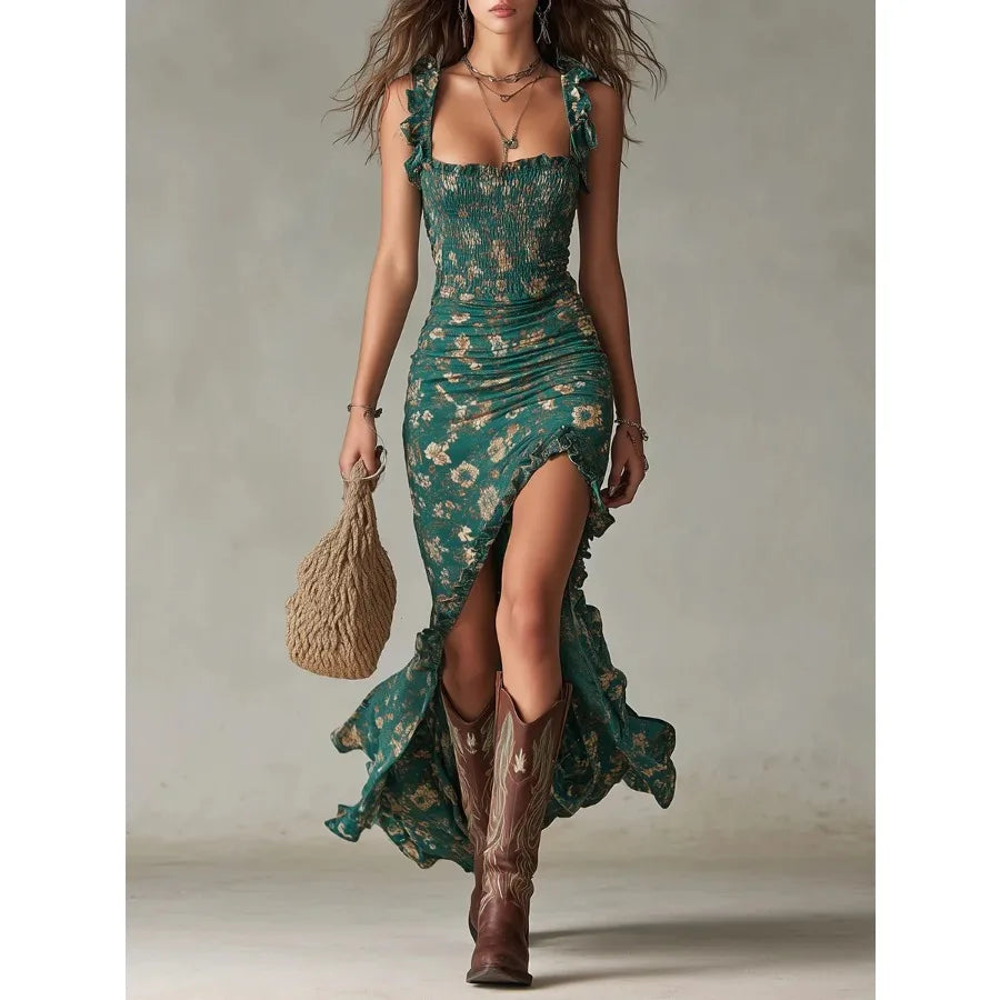 Summer Floral Print Waist Slimming Wide Skirt Dress