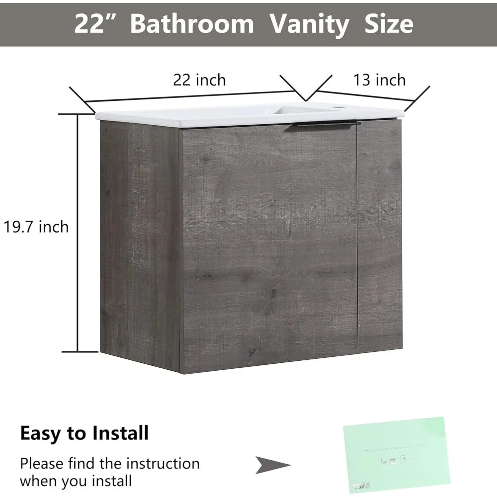 Modern Wall Mounted Vanity With Ceramic Basin In Engineered Wood