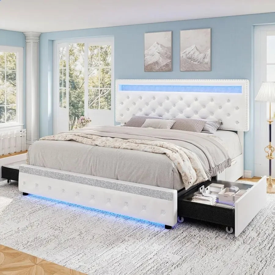 LED PU Upholstered Bed Frame With 2 Drawers Smart Lighting