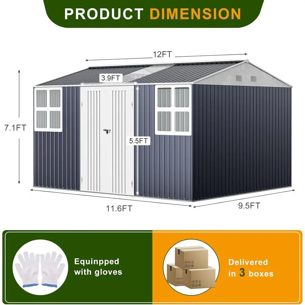 12x10ft Durable Metal Shed - with Double Doors, Clear Roof Panels, and Windows
