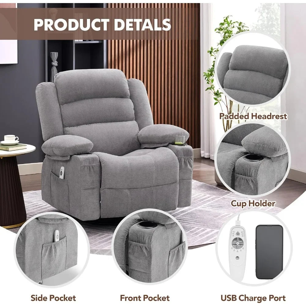 Massage Recliner with Heat, Swivel & Rocking Function