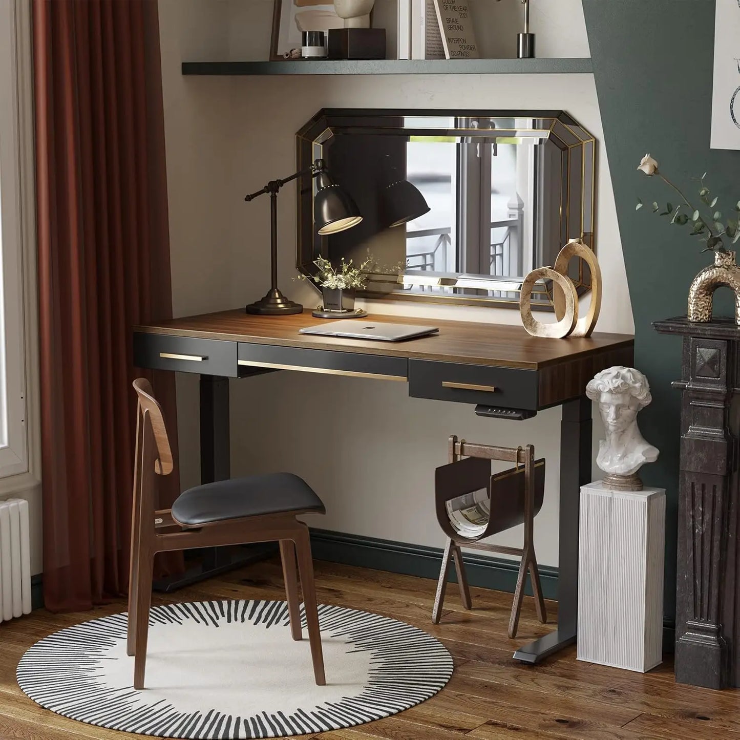 NONEDesk Mid Century Modern Standing Desk With 3 Drawers
