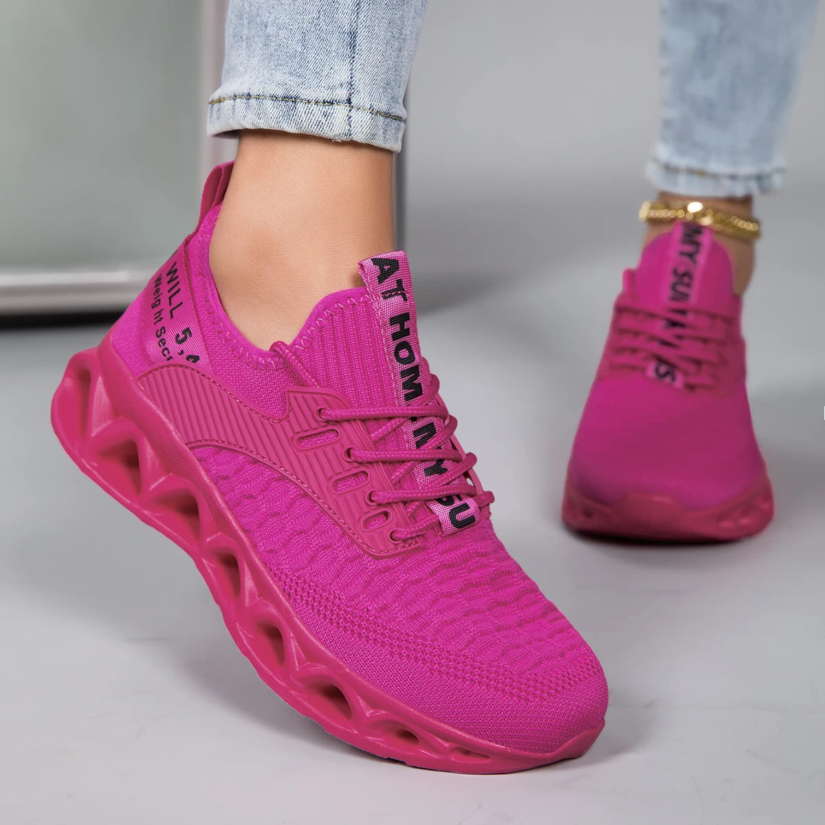 Womens Lightweight Orthopedic Lace Up Geometric Sneakers With Nylon Upper