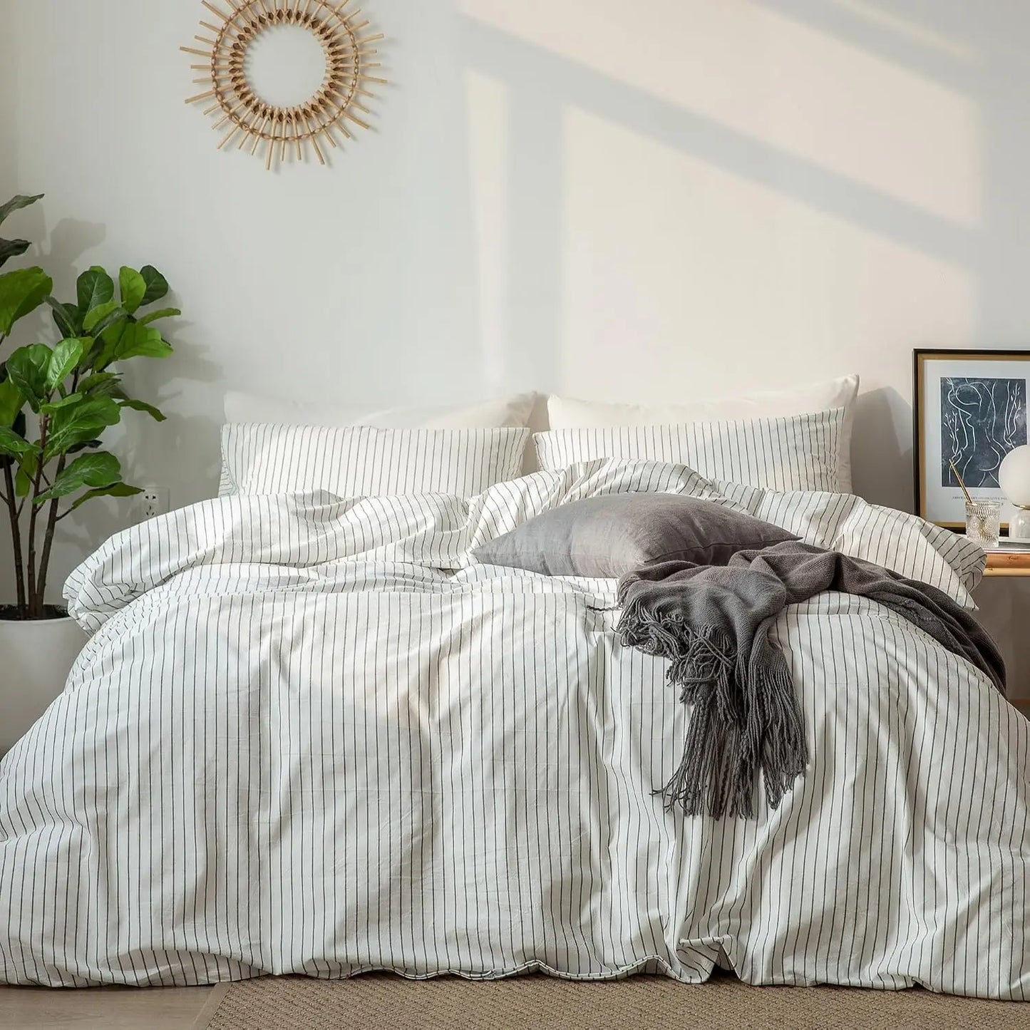 Duvet Cover Set Washed Cotton Linen Textured Stripes