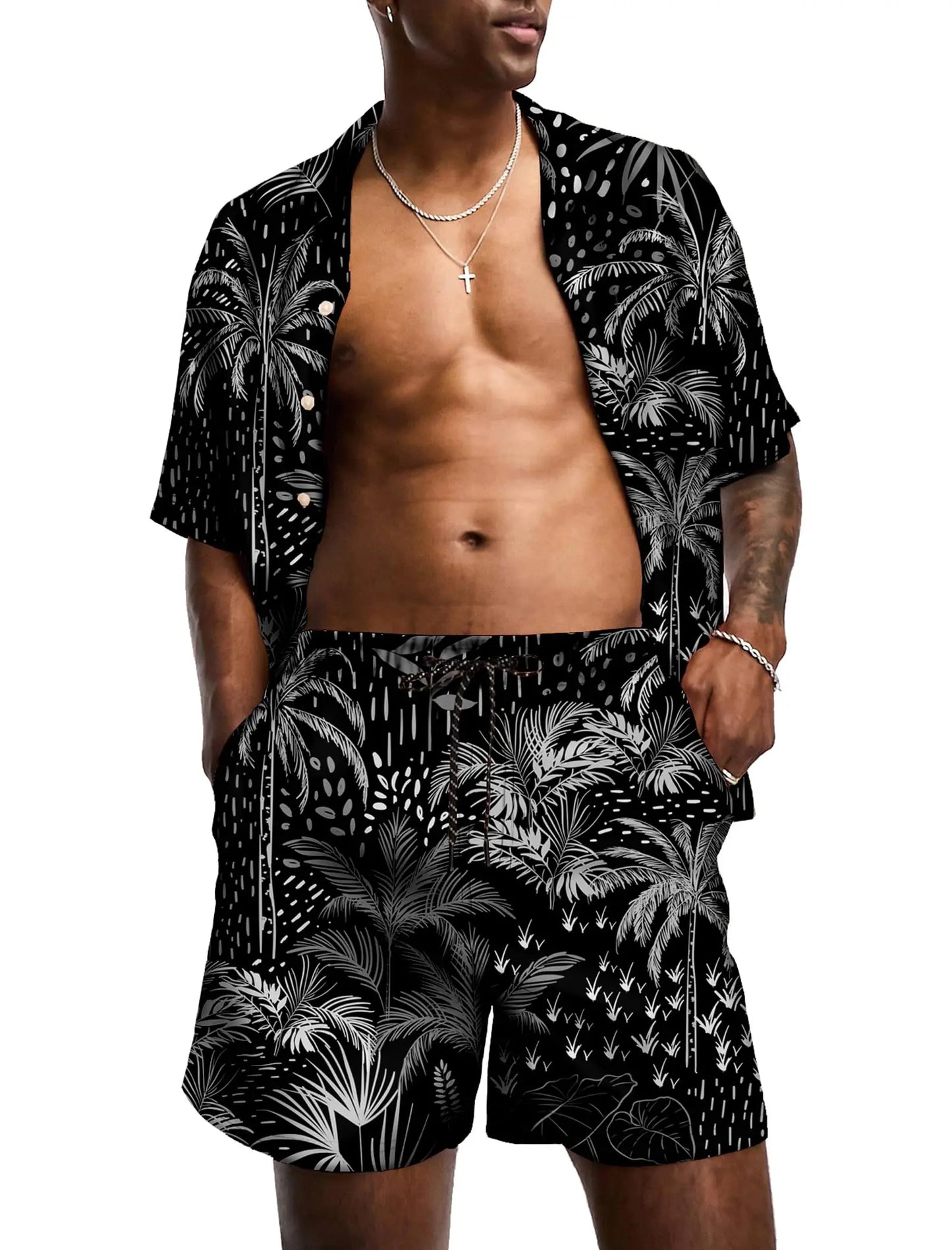 KYKUCN Men Summer Short Sleeve Button Down Beach Shirt Set