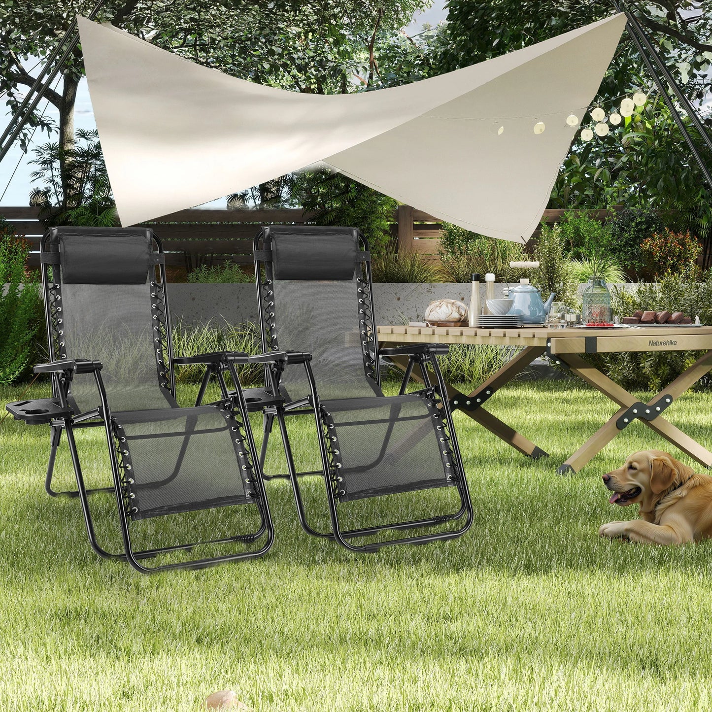 Set of Zero Gravity Reclining Lounge Chairs with Cup Holder Tray