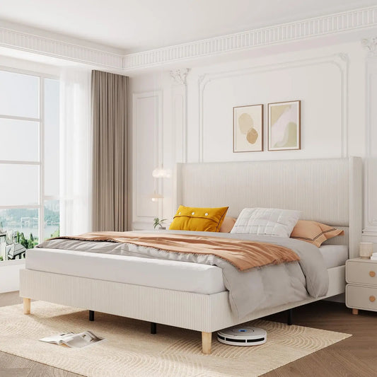 Corduroy Upholstered King Bed Frame with Wingback Headboard