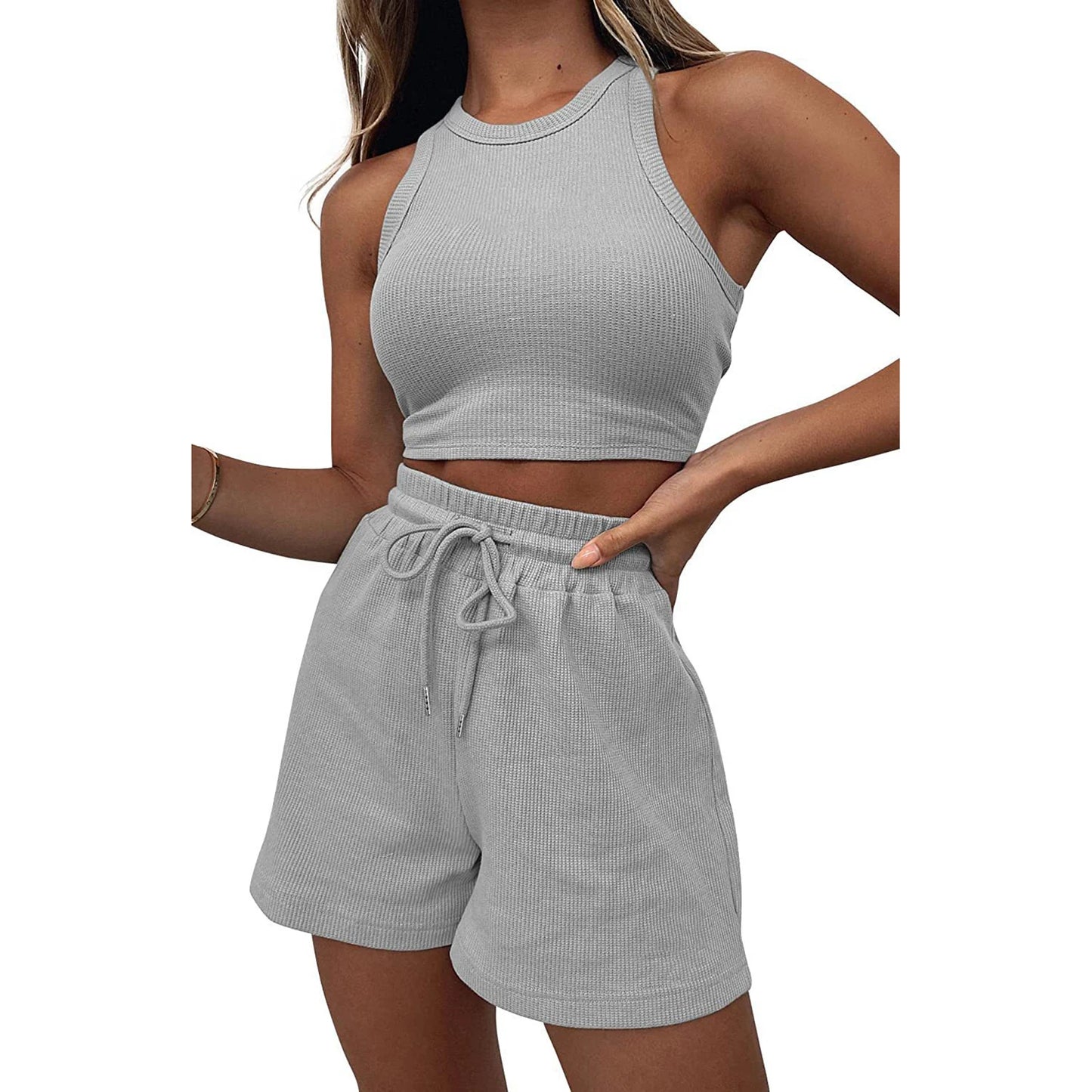 Hirigin Women's Waffle Sleeveless Tank Top Shorts Two Piece Set