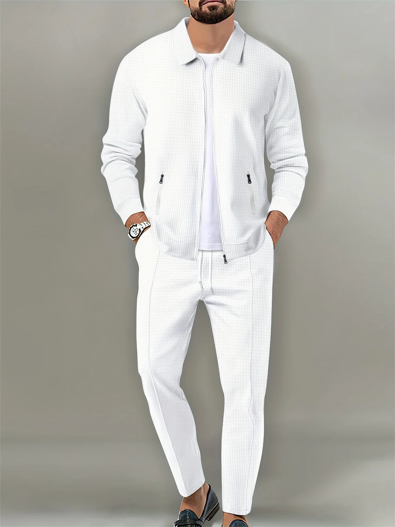 NONECN Mens Waffle Knit Coat With Zipper Pocket Lapel