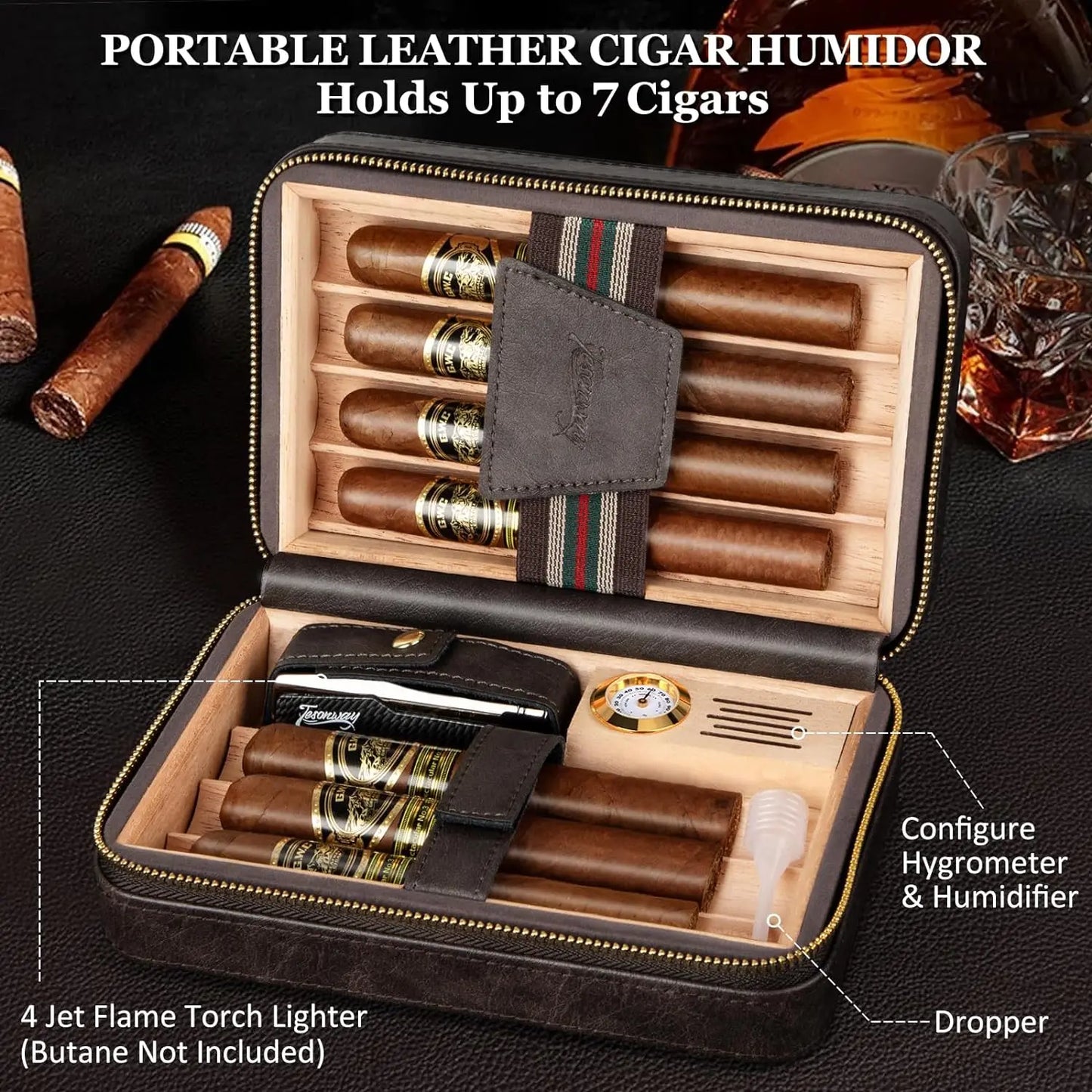 Tesonway Travel Humidor Cigar Case With Leather Cedar Wood Lighter
