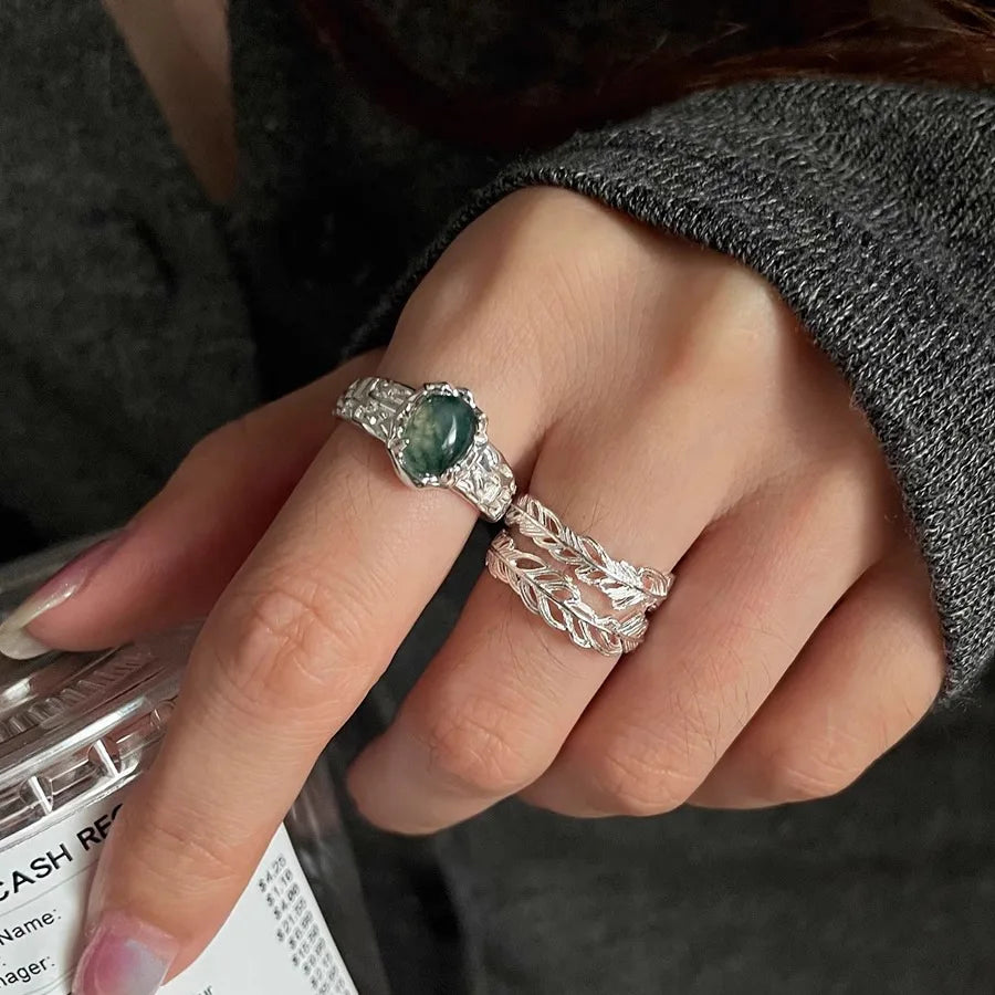 Feng Shui Grass Agate Sterling Silver Ring For Women