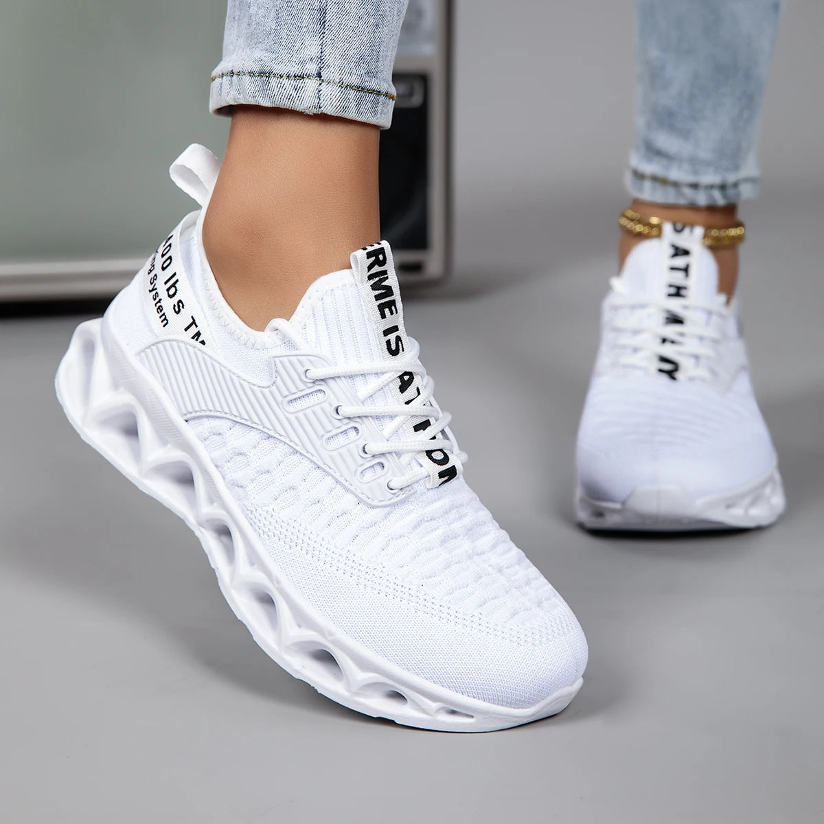 Womens Lightweight Orthopedic Lace Up Geometric Sneakers With Nylon Upper