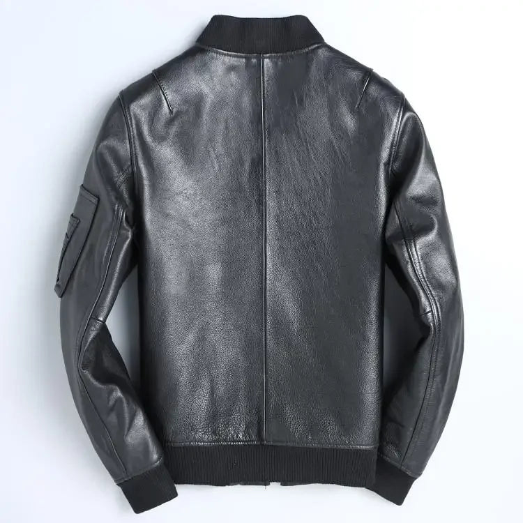 Leather Bomber Coat For Men With Zipper Front Pockets Cotton Lining