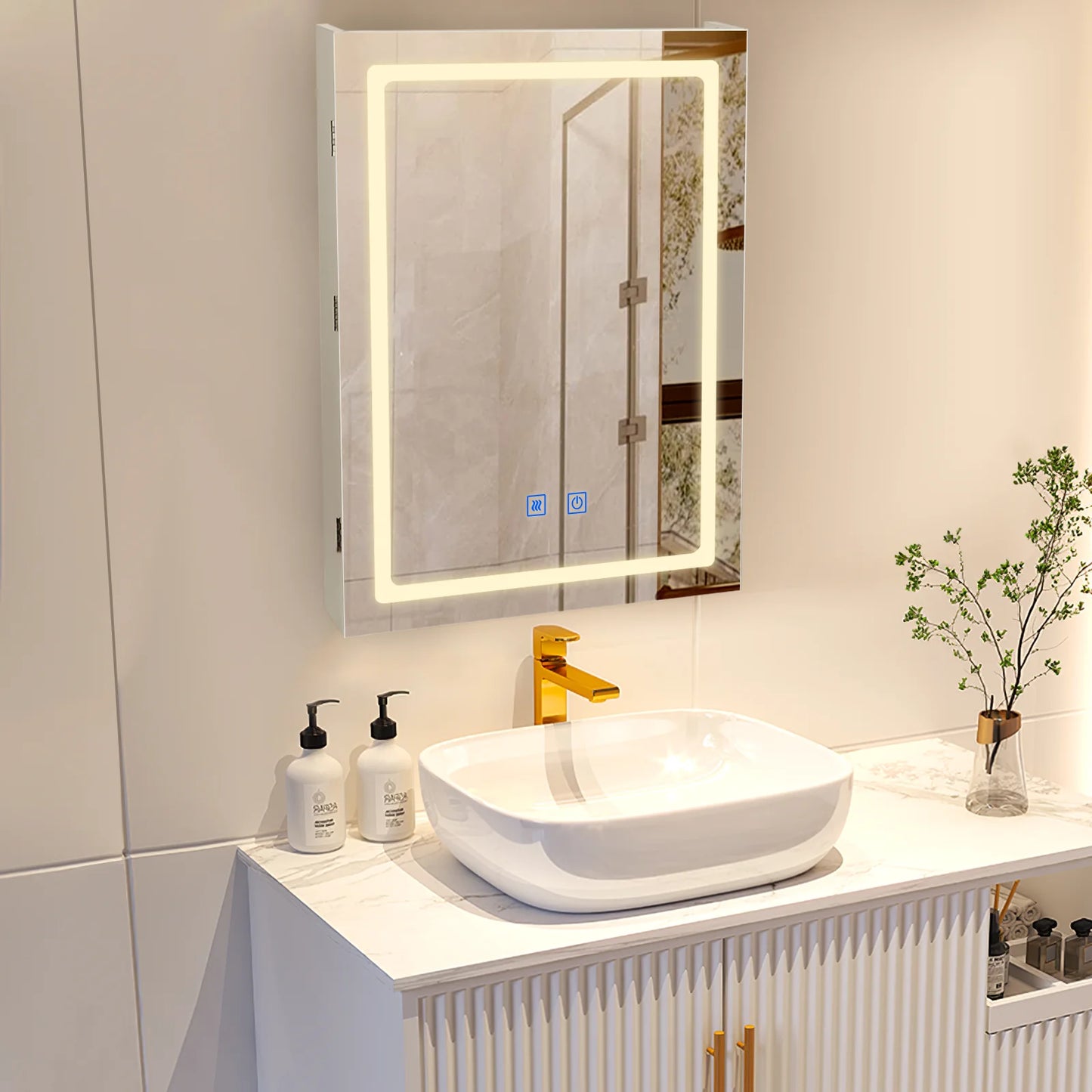 VOWNER Bathroom Medicine Cabinet With LED Mirror And Defogger