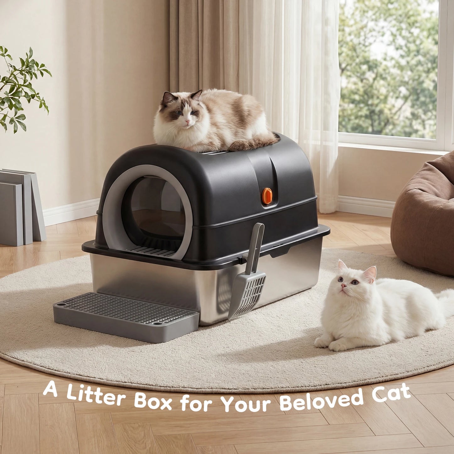 XL Stainless Steel Covered Cat Litter Box with Lid