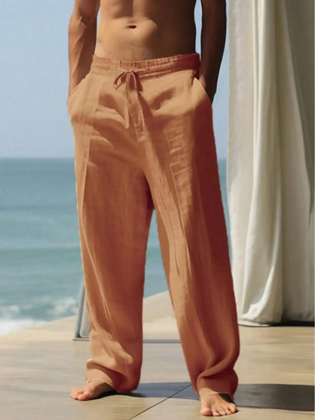 Men Linen Wide Leg Casual Pants Lightweight Breathable Trousers