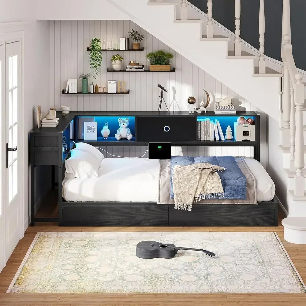 Metal Platform Bed With Storage Drawers Bookcase Charging Station LED