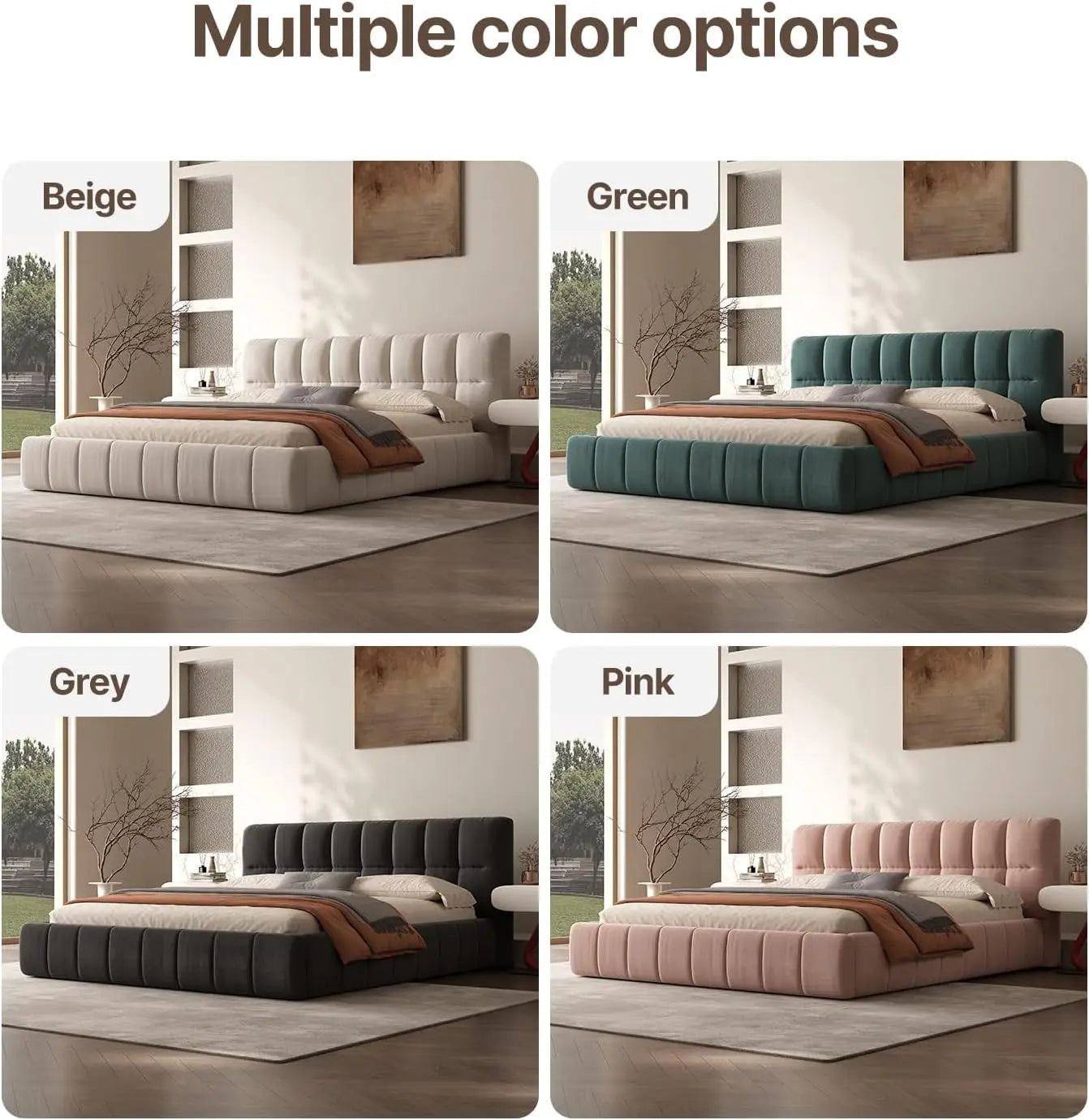 Custom Chenille Upholstered Platform Bed Frame With Cloud Soft Headboard