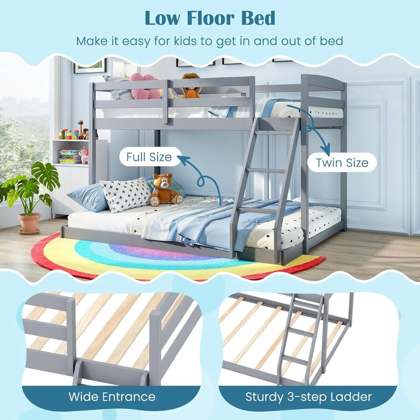 Twin Over Full Bunk Bed, Solid Wood Kids Bunk Bed with Full-Length Guardrails & Ladder