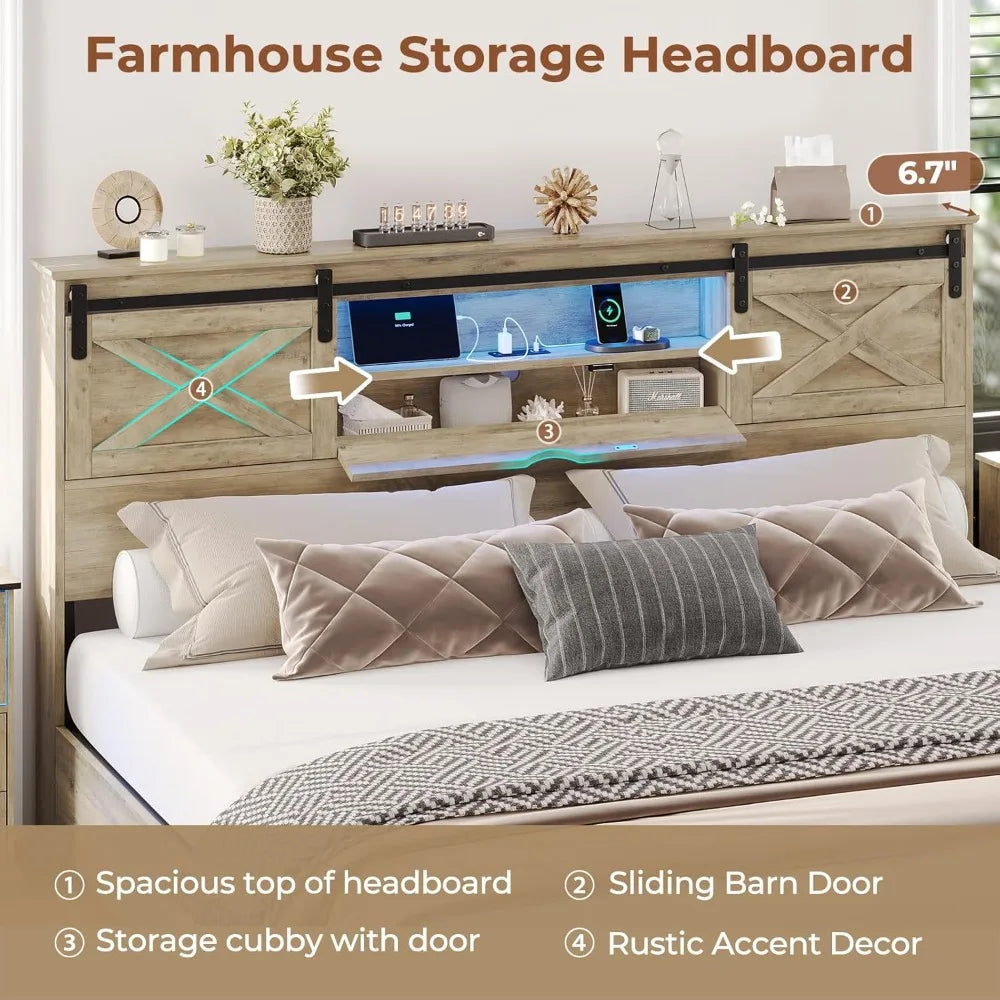 Bed Frame Rustic Farmhouse Style Storage Headboard LED Lights Charging Station