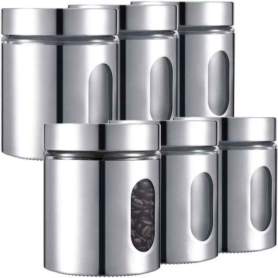 Six Pack Stainless Steel Kitchen Canisters Set With Window